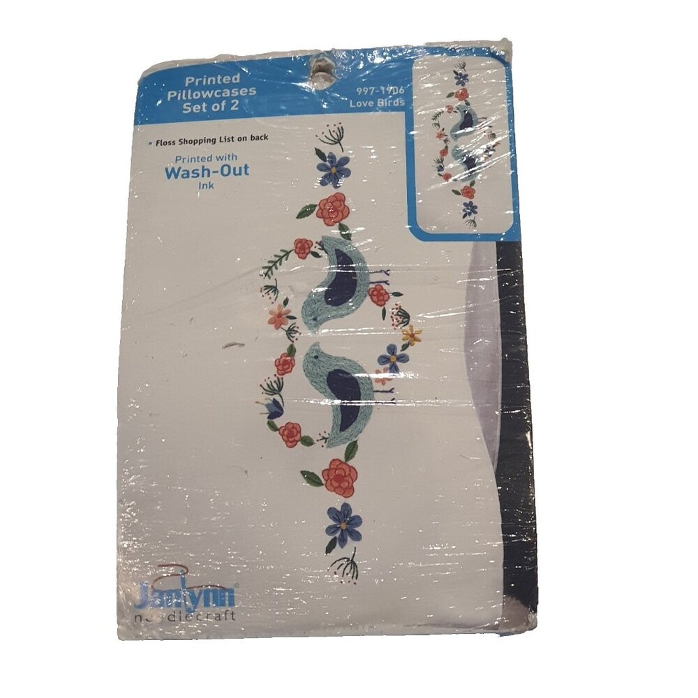 Janlynn Stamped 2 Pillowcase Kit Embroidery Love Birds‎ Flowers Heart 997-1906